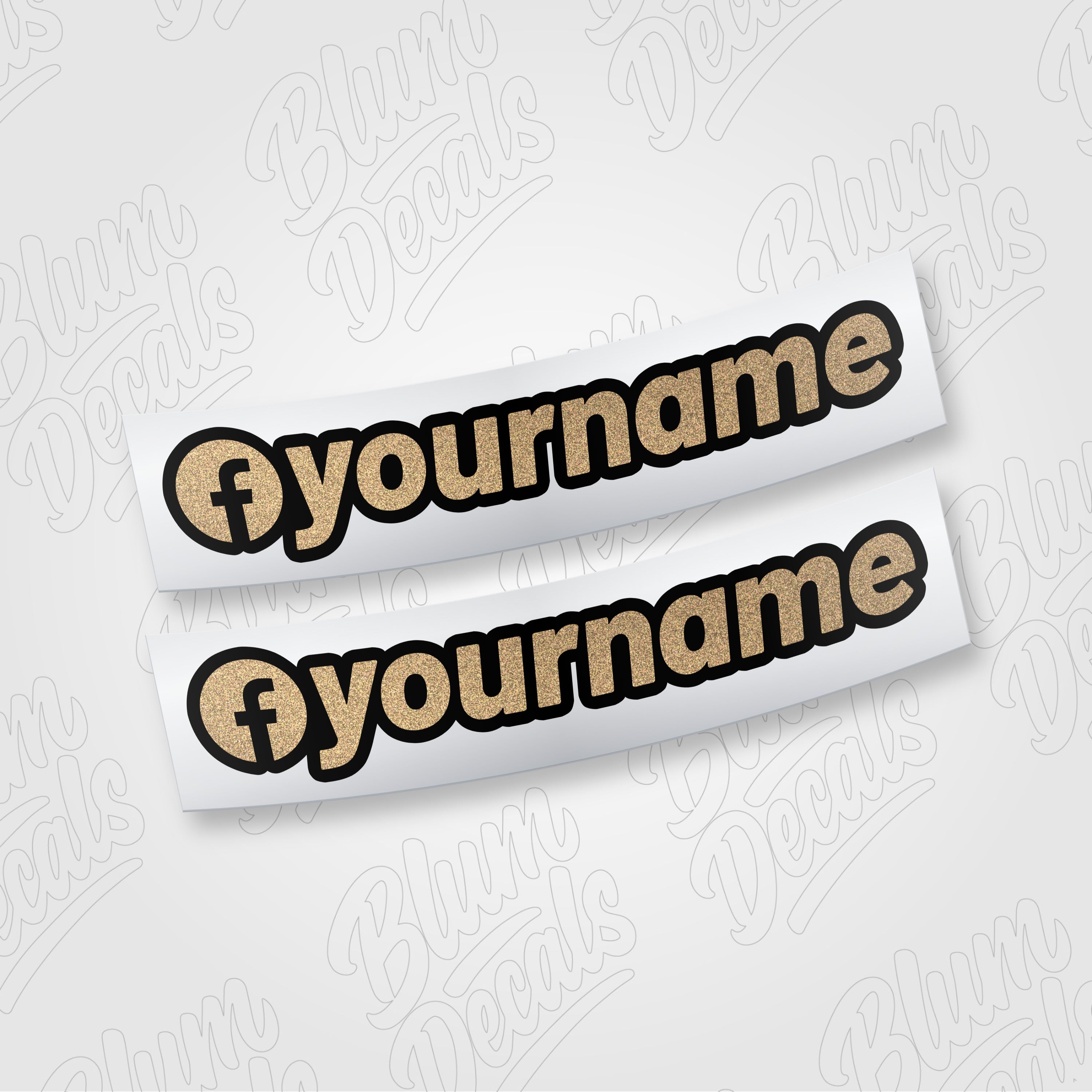Custom Facebook name vinyl decal in gold glitter with a black outline and Facebook icon, shown in font 19