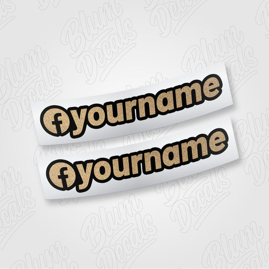 Custom Facebook name vinyl decal in gold glitter with a black outline and Facebook icon, shown in font 19