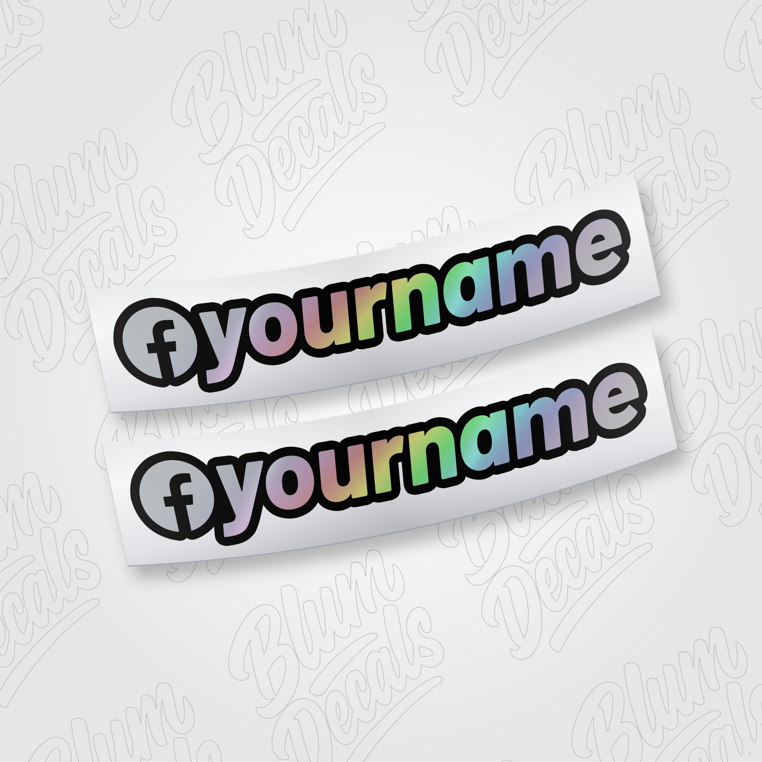 Custom Facebook name vinyl decal in silver holographic with a black outline and Facebook icon, shown in font 19