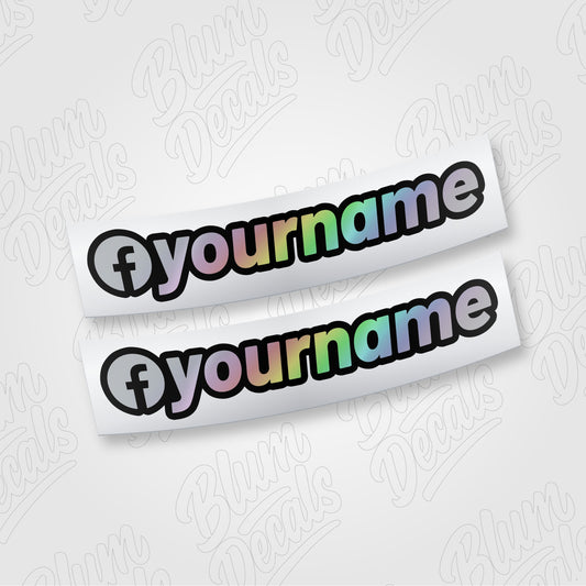 Custom Facebook name vinyl decal in silver holographic with a black outline and Facebook icon, shown in font 19