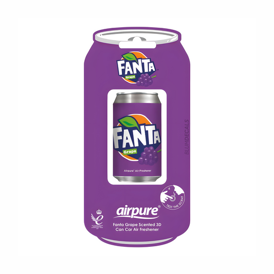 Fanta Grape 3D Can Air Freshener in packaging, designed to resemble a mini soda can, offering a strong, fruity grape scent for your car. Officially licensed product.