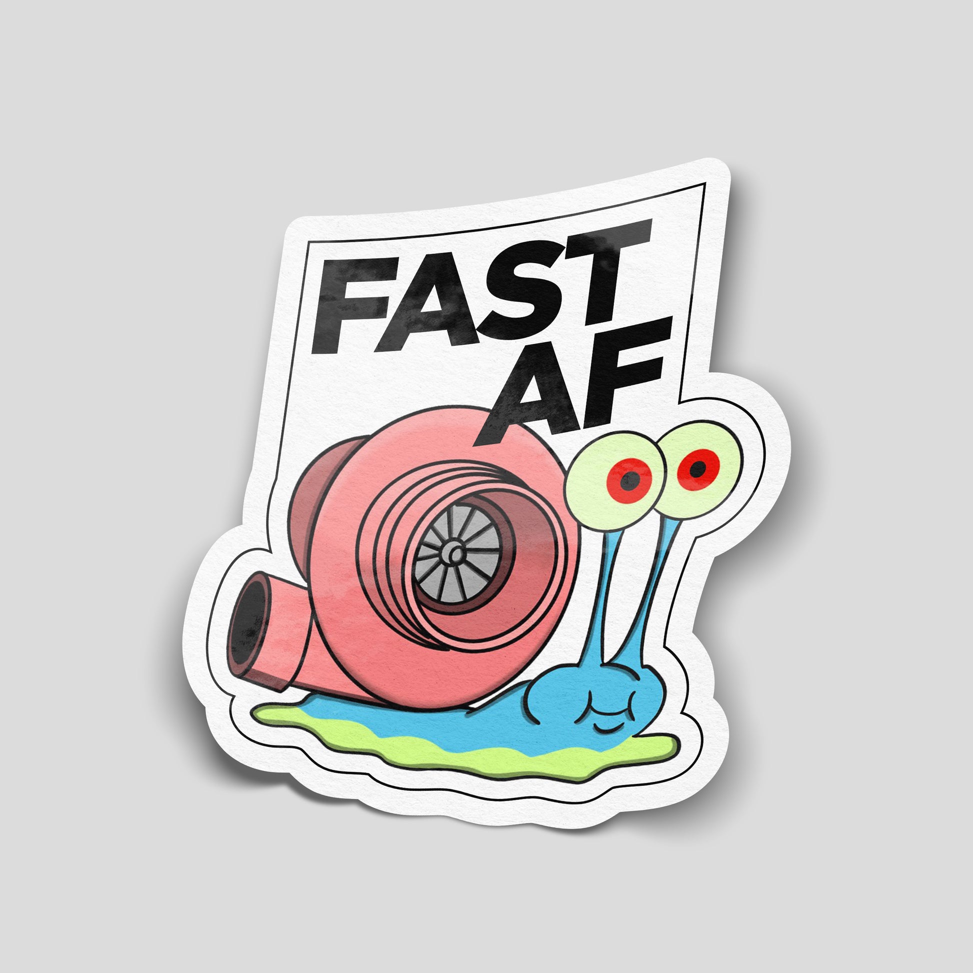 Cartoon turbocharged snail with the text “Fast AF”, colourful funny car sticker for UK automotive humour fans.