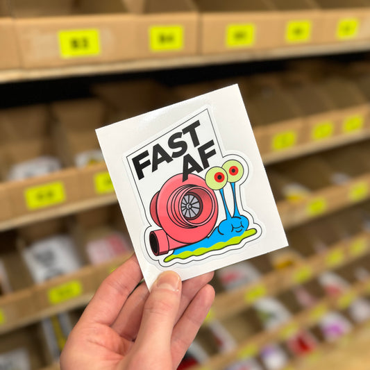 Funny turbo snail sticker reading “fast af” colourful cartoon car design