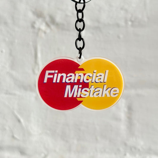 Funny “Financial Mistake” acrylic keychain with red and yellow card-style design, black chain and glossy finish, ideal car keyring gift for automotive enthusiasts.