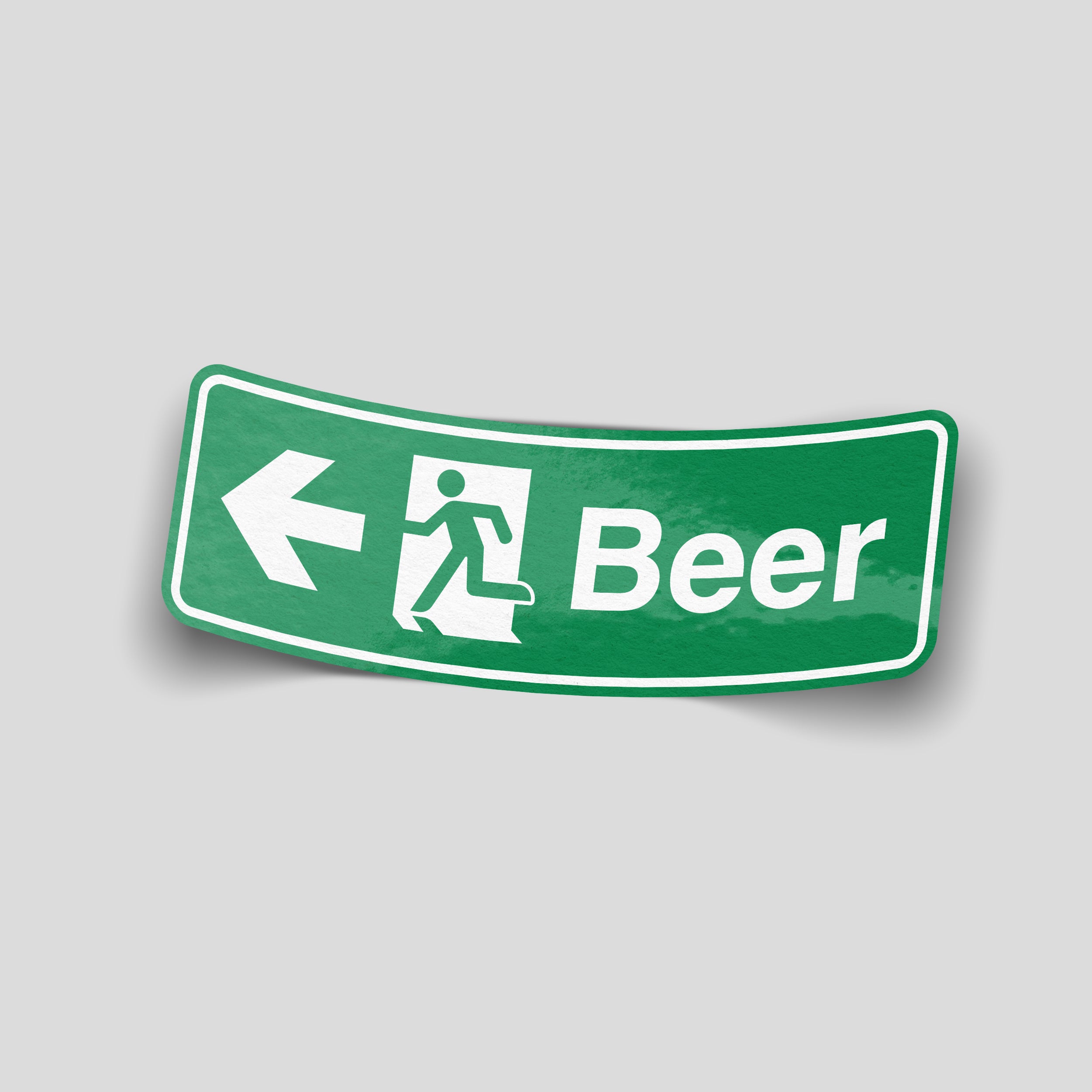 Fire Exit Beer funny vinyl sticker featuring a parody emergency exit sign, waterproof novelty beer sticker for cars, home bars, campervans and fridges.