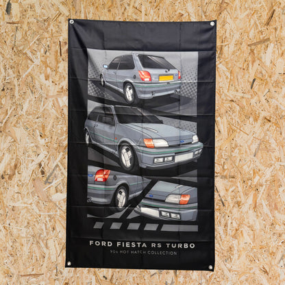 Ford Fiesta RS Turbo 90s hot hatch illustration on black polyester garage banner.