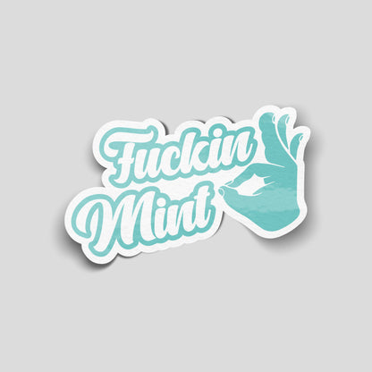 “Fuckin Mint” funny car sticker in teal script with hand gesture illustration, UK slang humour decal.