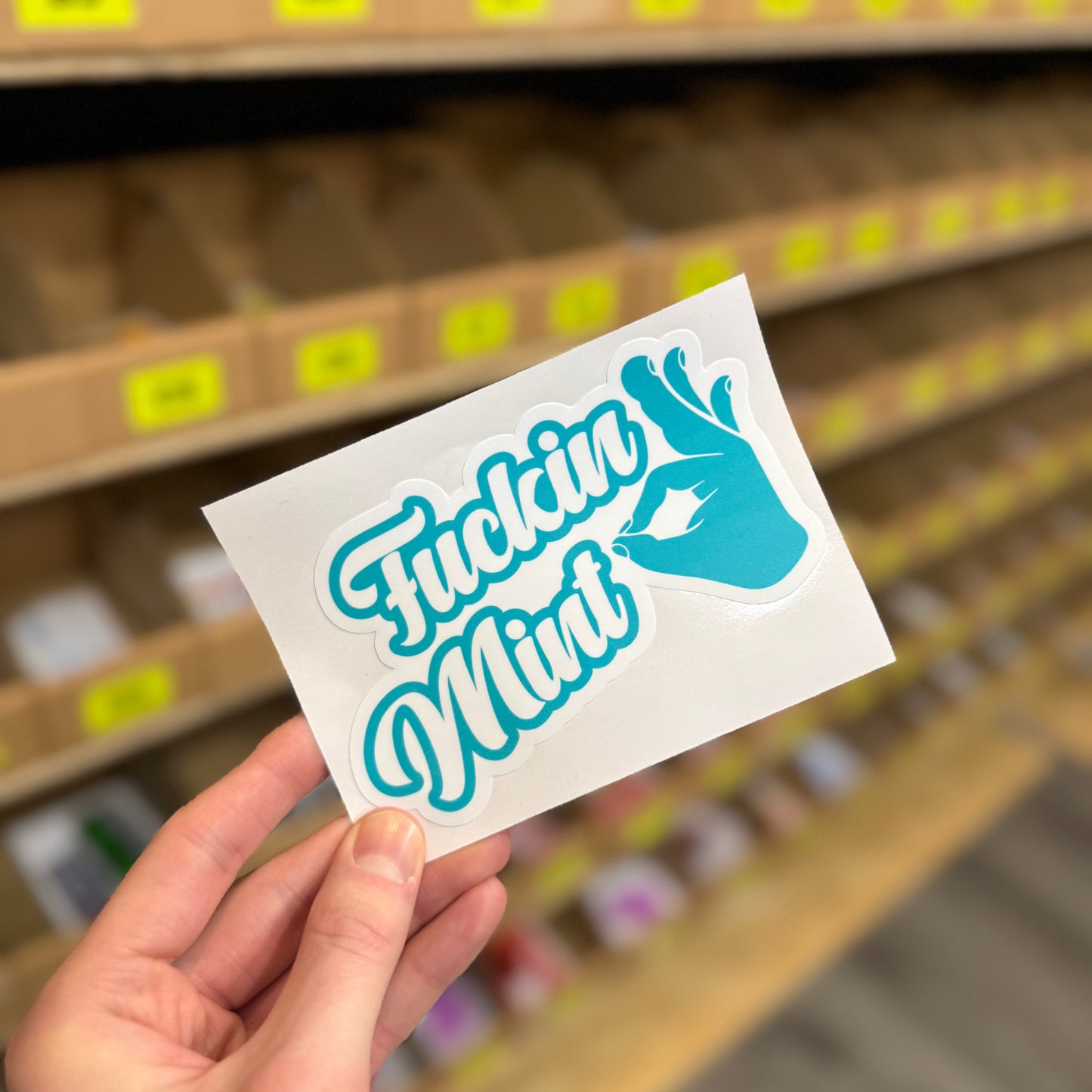 Funny slang sticker reading “fuckin mint” in bold turquoise text