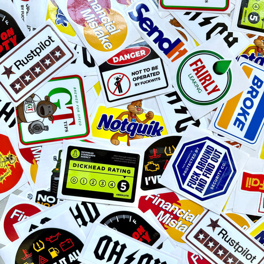 Various imperfect stickers, as a bundle.