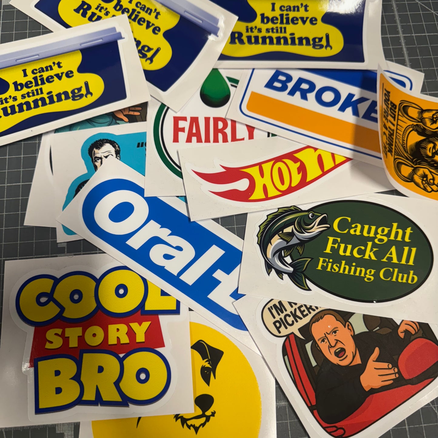 Discounted bundle of funny vinyl slap stickers due to minor imperfections.
