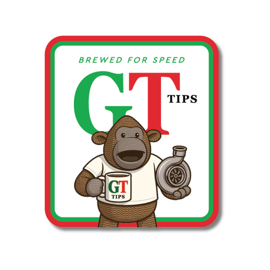 Funny GT Tips vinyl sticker with monkey holding turbo and mug – perfect for tea-fuelled car enthusiasts and garage banter.