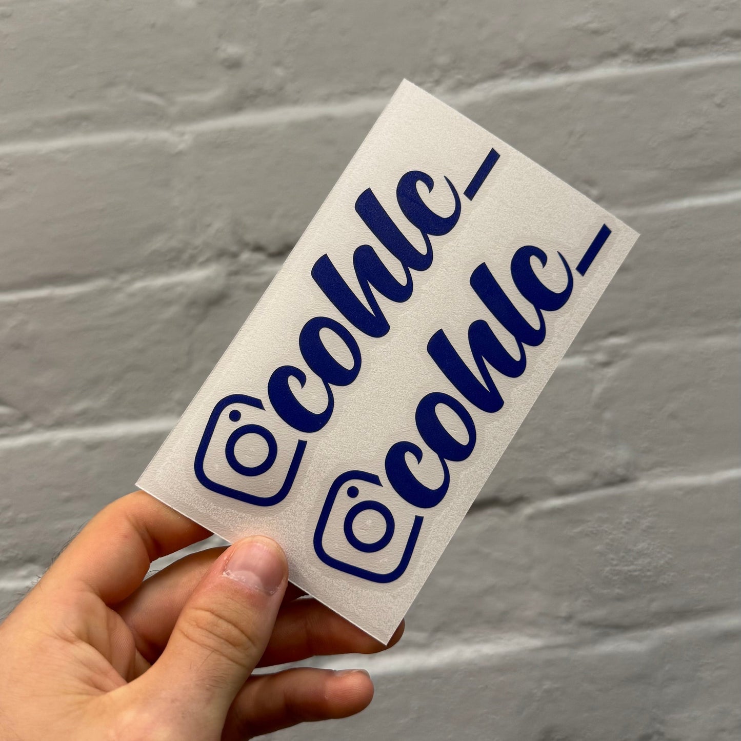 Personalised dark blue Instagram username stickers with Instagram logo, custom gloss vinyl car social media decals