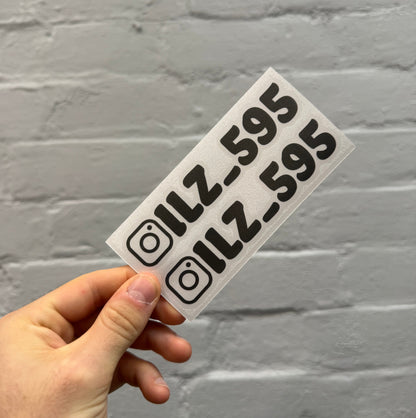 Custom dark grey Instagram username stickers with Instagram logo, personalised gloss vinyl car social media decals