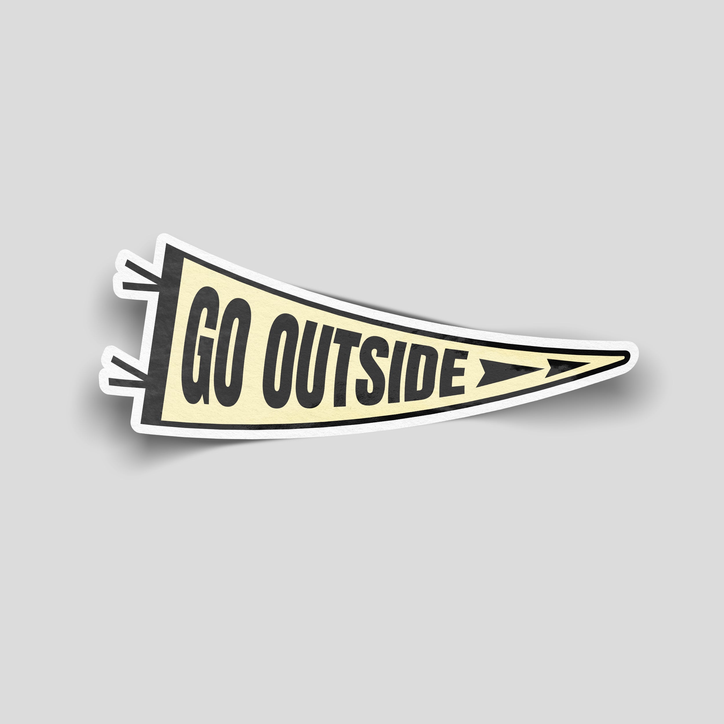 Funny Go Outside vinyl sticker designed as a cream and black retro pennant with bold lettering.
