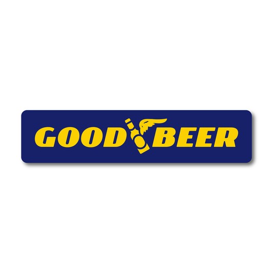 Funny vinyl sticker with parody tyre logo reading “Good Beer” – yellow text on blue with bottle icon, ideal for toolboxes or beer fridges.