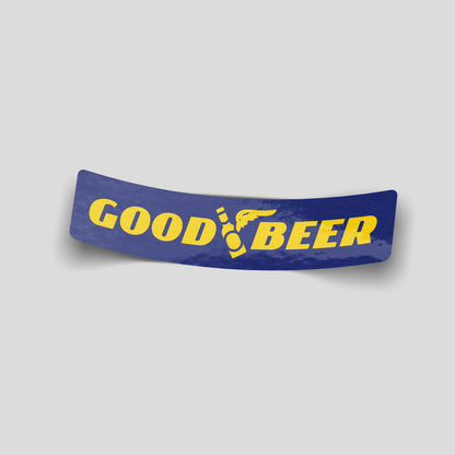 Blue and yellow “Good Beer” funny car sticker parodying a tyre brand logo with a bottle icon, UK drinking humour decal.