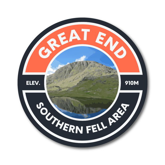 Round vinyl sticker with “Great End Southern Fell Area” text and mountain artwork featuring Great End (910m).