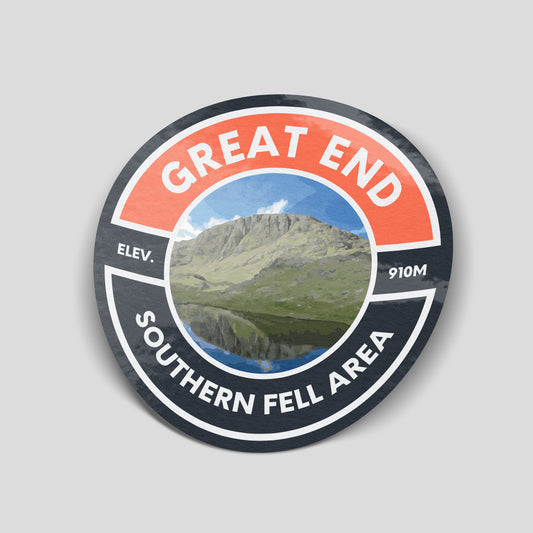 Orange and charcoal Great End mountain sticker with a fell reflected in water, 910m elevation and Southern Fell Area lettering.