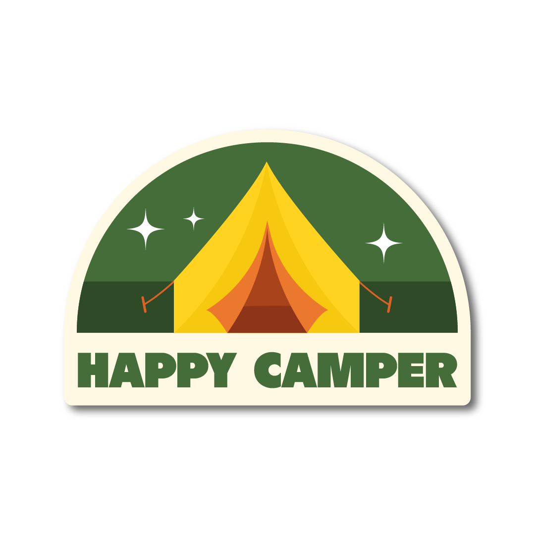 Vinyl sticker with a yellow tent illustration and the words “Happy Camper,” designed for outdoor lovers and camping enthusiasts.