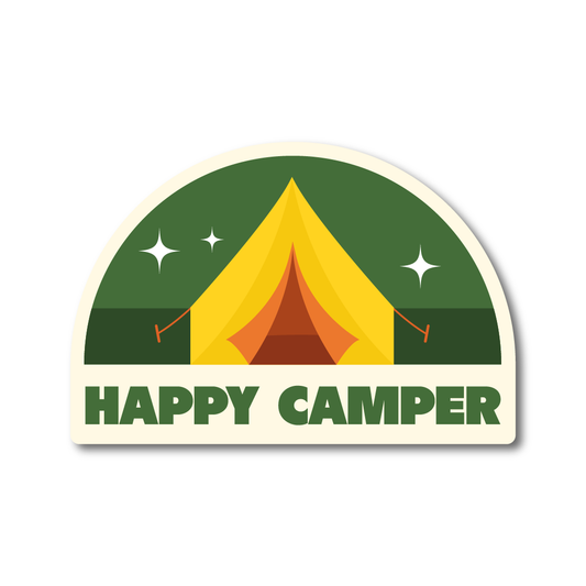 Vinyl sticker with a yellow tent illustration and the words “Happy Camper,” designed for outdoor lovers and camping enthusiasts.