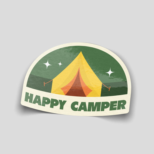 Happy Camper camping sticker with a yellow tent, green night sky, white stars and bold green lettering on a cream border.