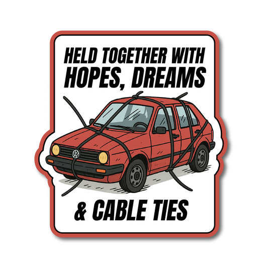 Funny vinyl sticker of a red hatchback held together with cable ties – includes the phrase “Held Together With Hopes, Dreams & Cable Ties”.