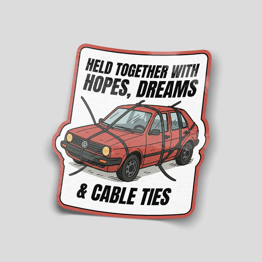 Illustrated funny car sticker showing an old red car strapped together with cable ties, captioned “Held together with hopes, dreams & cable ties”, UK motoring humour decal.