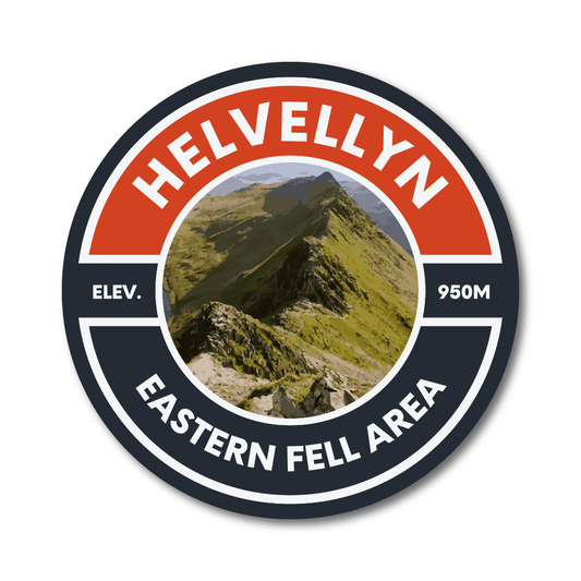 Round vinyl sticker with “Helvellyn Eastern Fell Area” text and mountain artwork showing Helvellyn (950m).