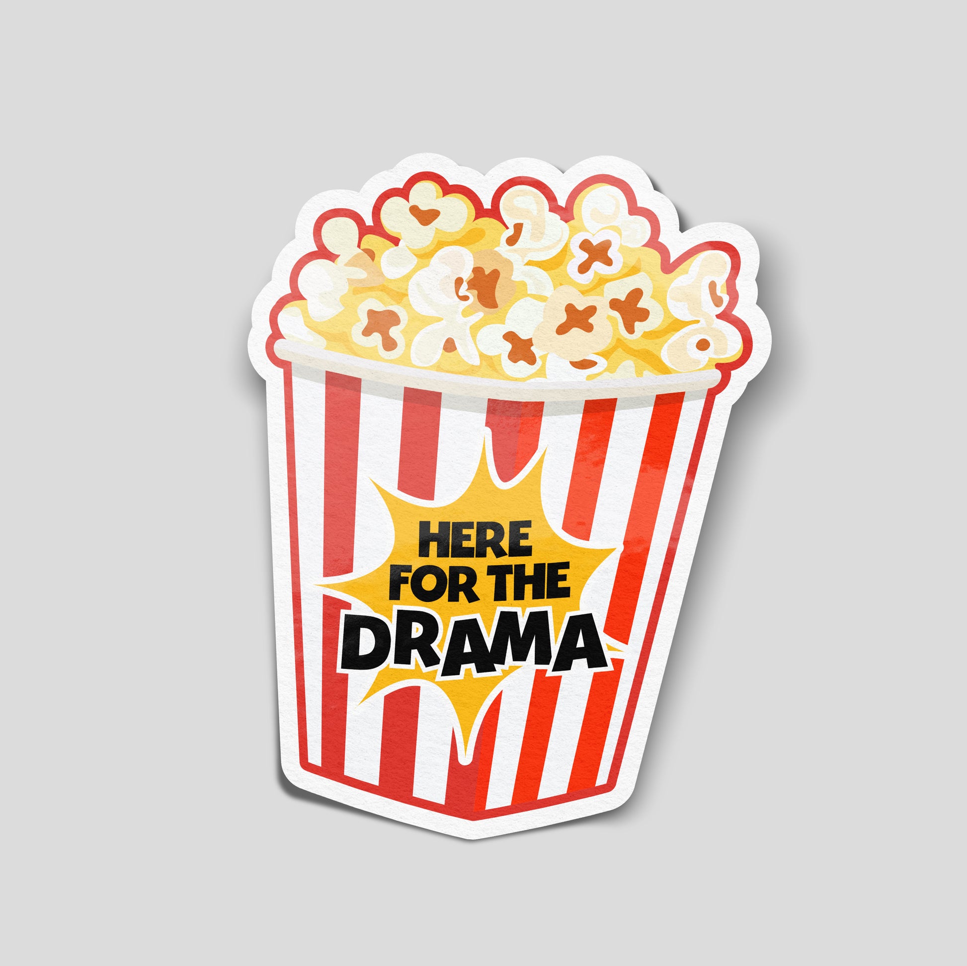 Here For The Drama funny vinyl car sticker featuring popcorn bucket design in red and white cinema style. Waterproof gloss laminated UK made novelty decal, perfect for cars, laptops, vans and social media humour lovers.