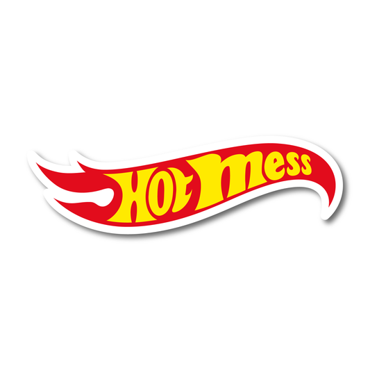 Funny vinyl sticker reading “Hot Mess” in a red and yellow flame design – perfect for cars, laptops or toolboxes.
