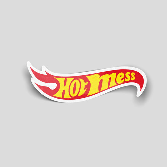 Hot Mess flame‑style funny car sticker inspired by retro toy branding, bold red and yellow UK humour decal.