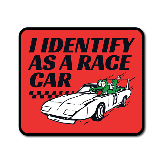 Funny vinyl sticker with a cartoon frog in a race car and the words “I Identify As A Race Car” – ideal for motorsport fans and daily drivers.