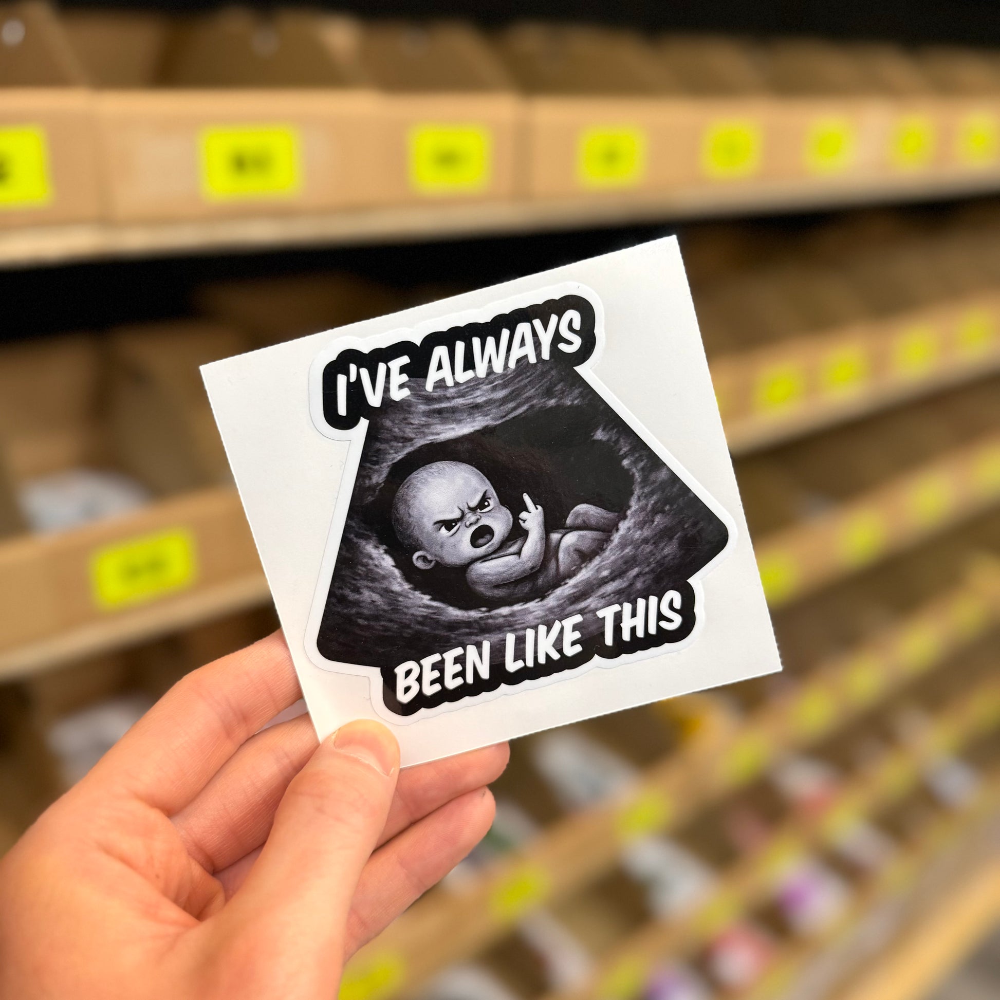 I’ve Always Been Like This funny vinyl car sticker with cheeky baby illustration, gloss laminated waterproof UK made decal held in hand by Blum Decals.