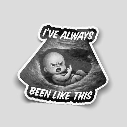 Funny baby scan parody vinyl sticker with rude gesture and text, dark humour decal for cars, vans and laptops.