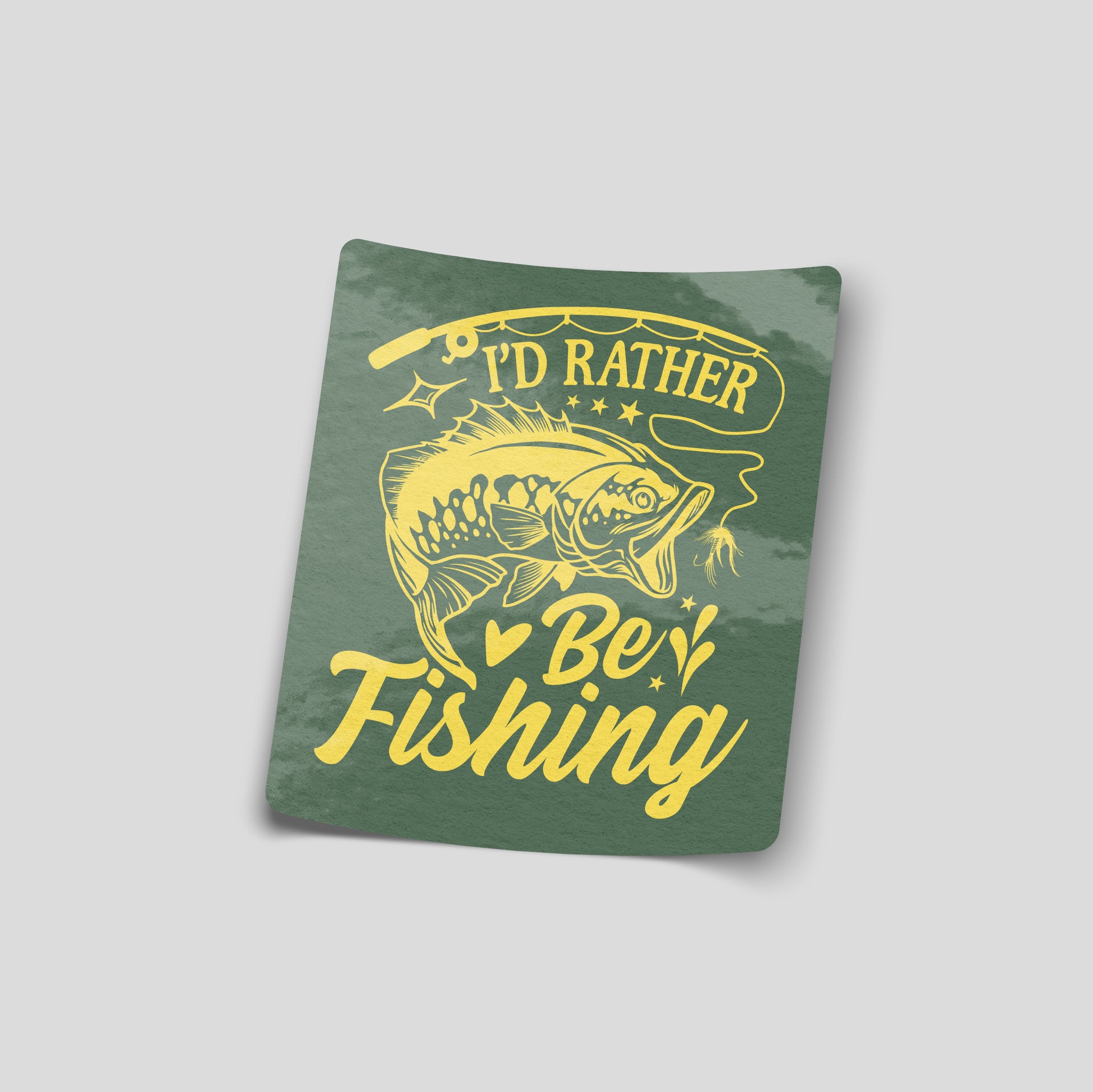 I’d rather be fishing funny car sticker with yellow fish illustration on green background, UK angling humour vinyl decal.