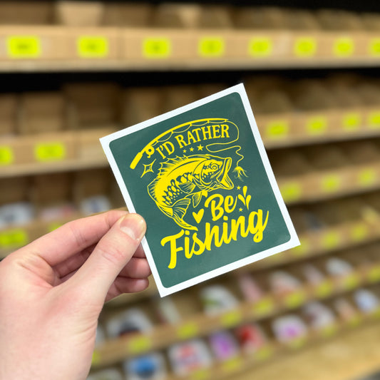 Funny fishing sticker showing jumping fish with “I’d rather be fishing” text