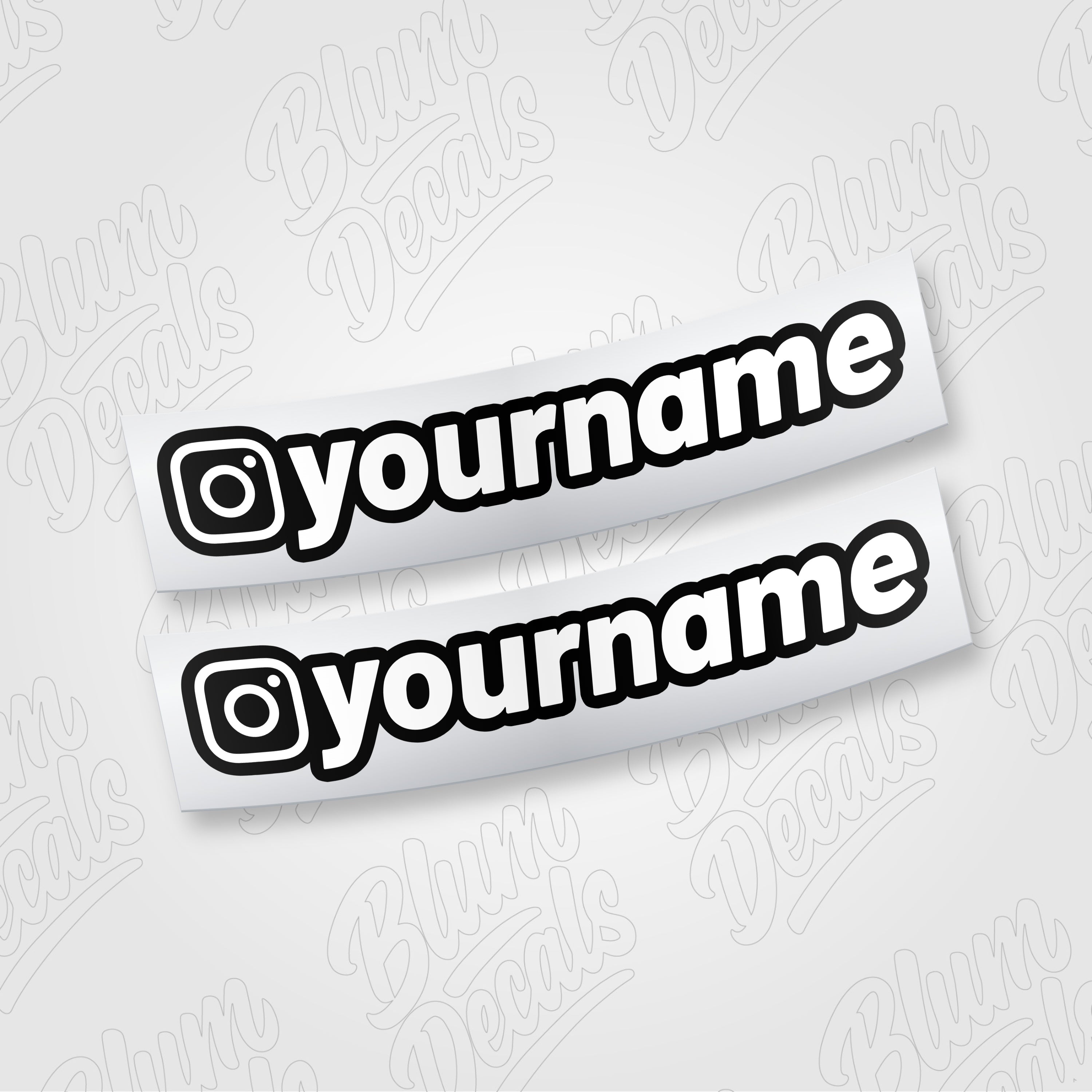 Custom Instagram username vinyl decal in gloss white with a black outline, shown in font 19