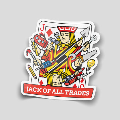 “Jack Of All Trades” funny vinyl sticker with playing card artwork and tools, novelty decal ideal for tradespeople, vans and workshops.