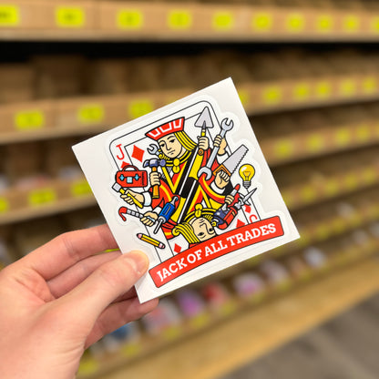 Funny trades sticker showing playing card illustration with tools and “jack of all trades” text