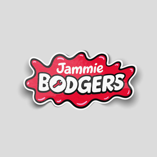 Jammie Bodgers funny car sticker parodying a biscuit logo, red splat design with bold lettering, UK humour vinyl decal.