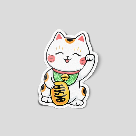 Cute Maneki‑Neko lucky cat funny car sticker with waving paw and gold coin, kawaii style vinyl decal for UK drivers.