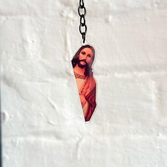 Funny Jesus peeping acrylic keychain with gloss finish and black keyring chain