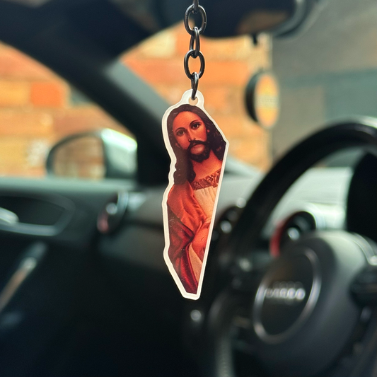 Funny peeping Jesus acrylic keychain hanging inside car with gloss black keychain fitting and double-sided print