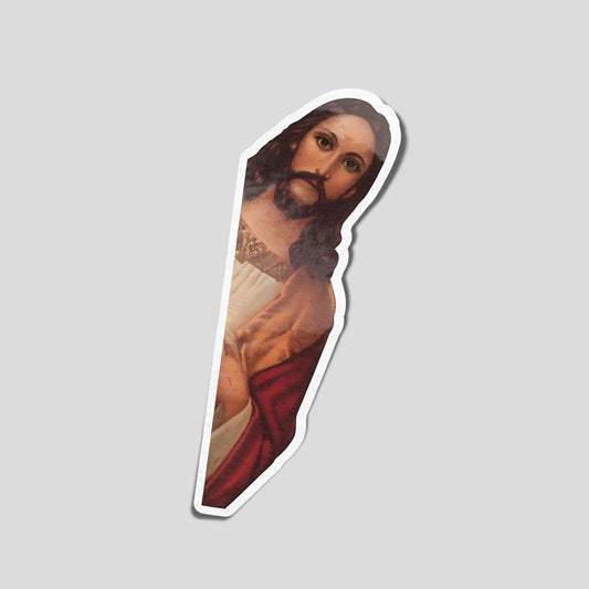Peeking religious figure novelty illustration funny car sticker, irreverent UK humour vinyl by Blum Decals