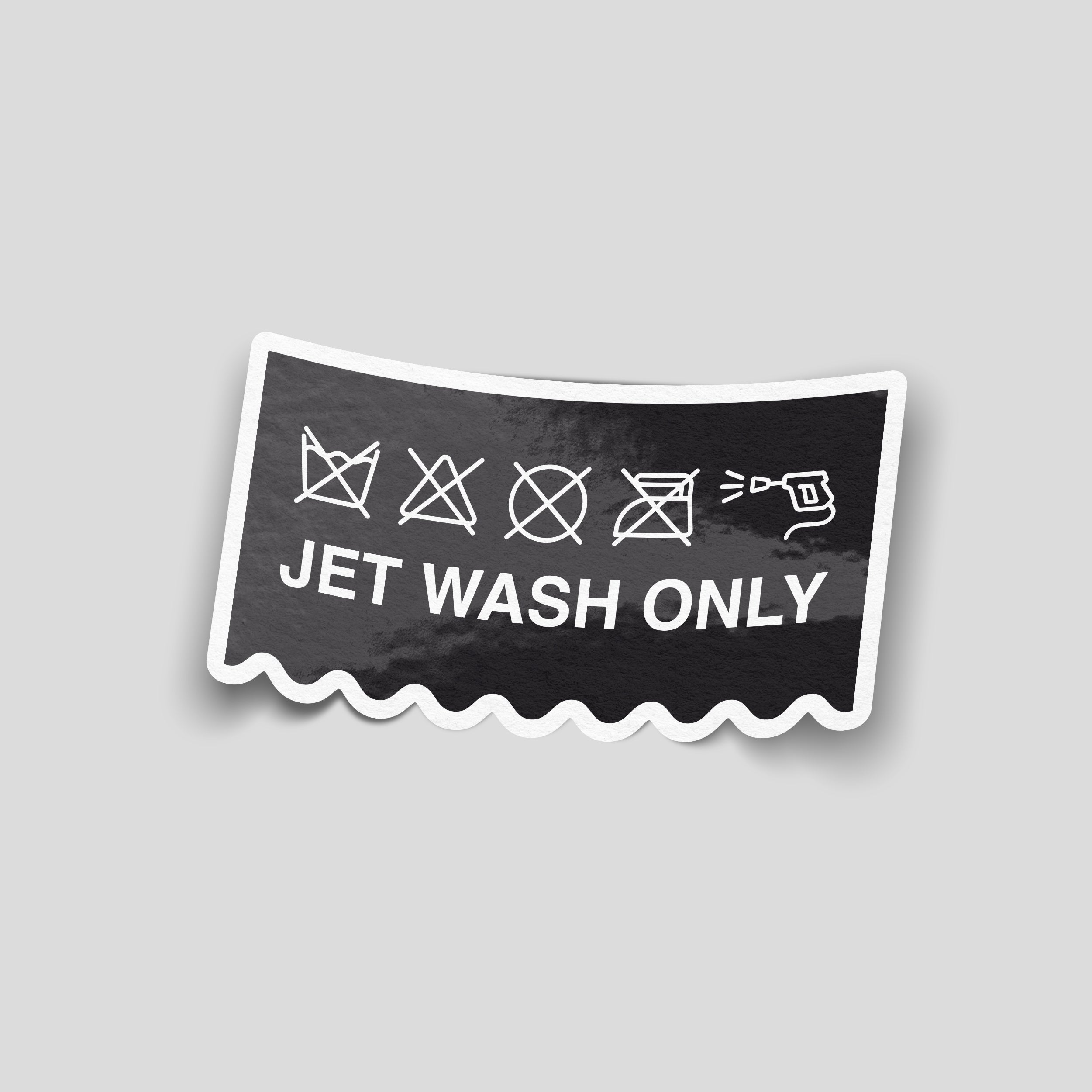 Jet Wash Only funny vinyl sticker featuring a parody care label design, waterproof car detailing sticker for vehicles, garages, pressure washers and toolboxes.
