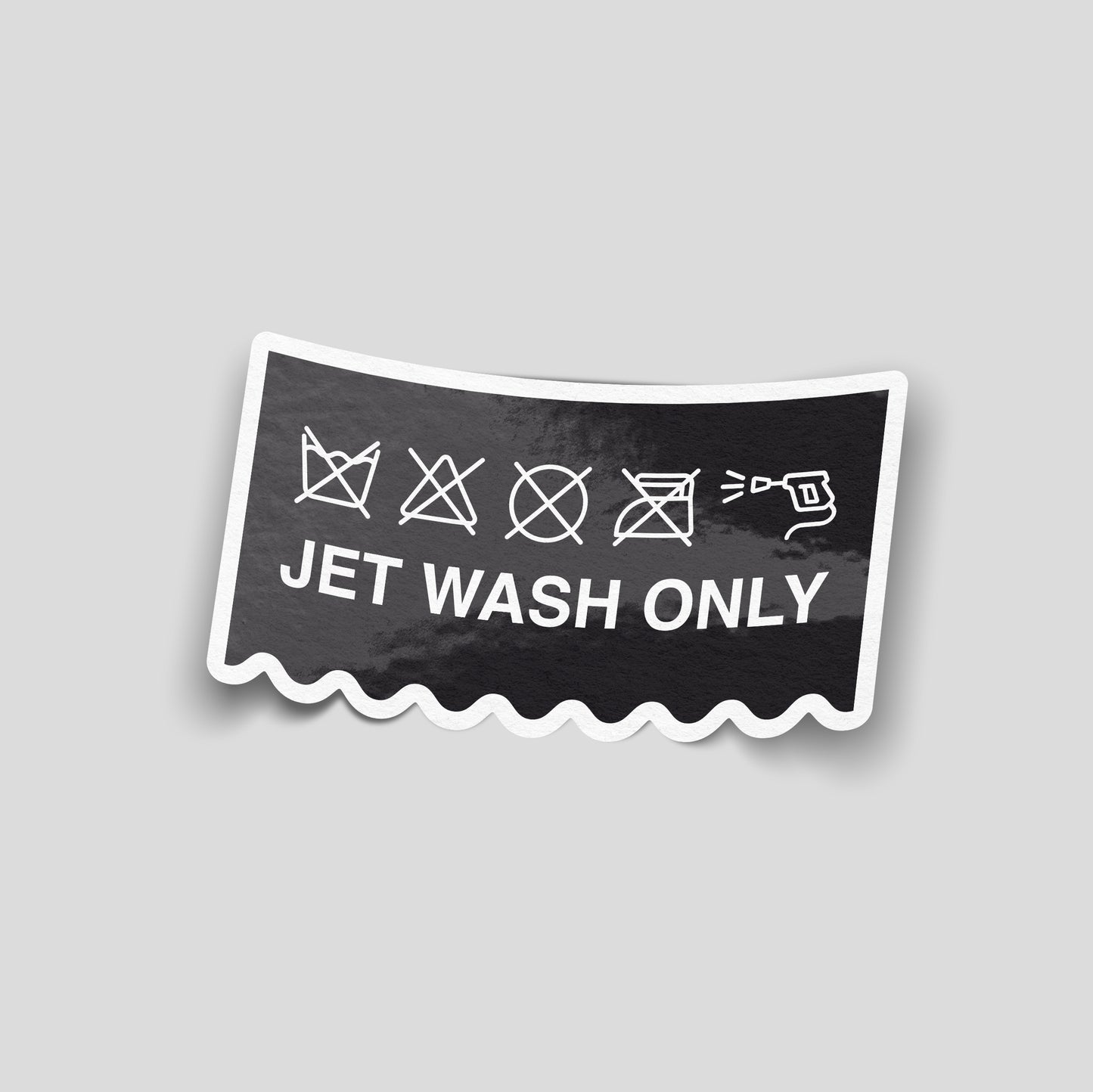 Jet Wash Only funny vinyl sticker featuring a parody care label design, waterproof car detailing sticker for vehicles, garages, pressure washers and toolboxes.
