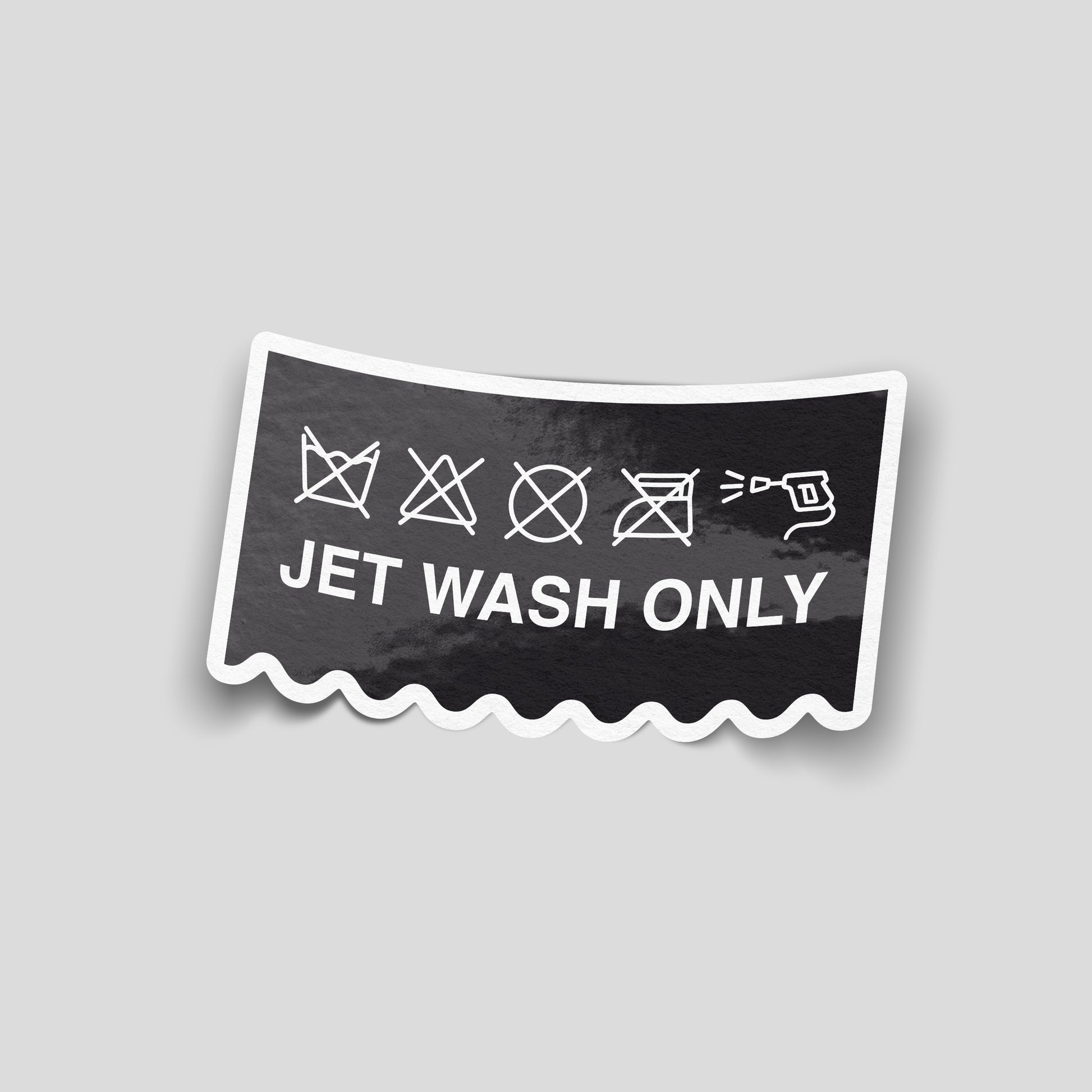 Jet Wash Only funny vinyl sticker featuring a parody care label design, waterproof car detailing sticker for vehicles, garages, pressure washers and toolboxes.
