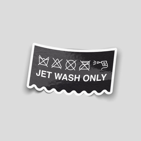 Jet Wash Only funny vinyl sticker featuring a parody care label design, waterproof car detailing sticker for vehicles, garages, pressure washers and toolboxes.