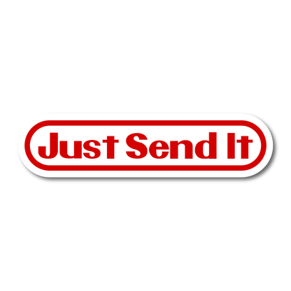 Funny “Just Send It” oval vinyl sticker in bold red and white – ideal for cars, laptops, bikes or toolboxes.