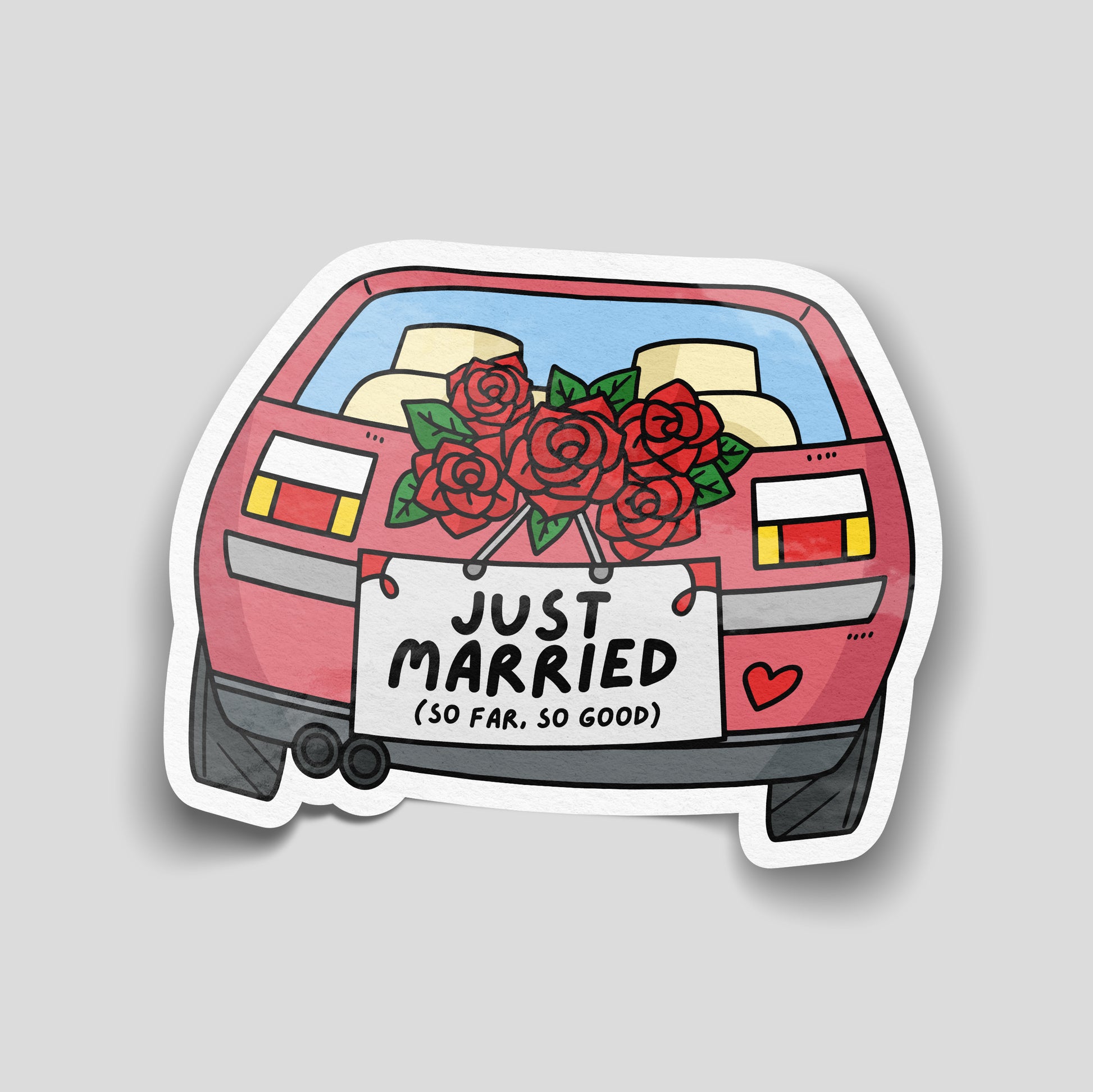 Just Married So Far So Good funny vinyl car sticker with wedding car and roses illustration. Gloss laminated waterproof UK made decal, ideal for wedding cars, honeymoon road trips and newlywed humour.